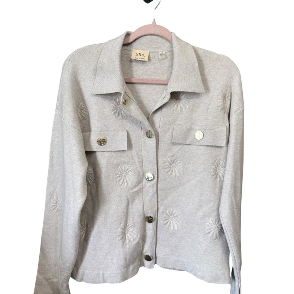 Elie Tahari Women’s Cream Floral Print Sweater Cardigan Size Large - Picture 2 of 6